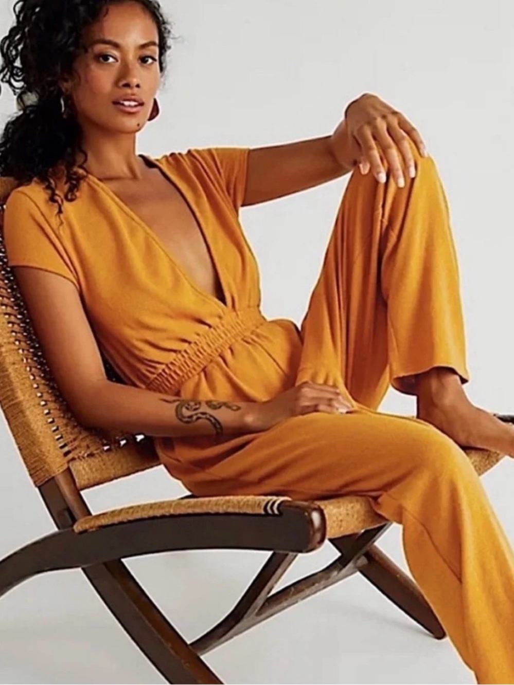 Free People Mustard V-Neck Short Sleeve Jumpsuit